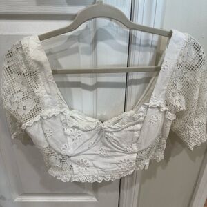 White Lace Crop Top Puff Sleeve